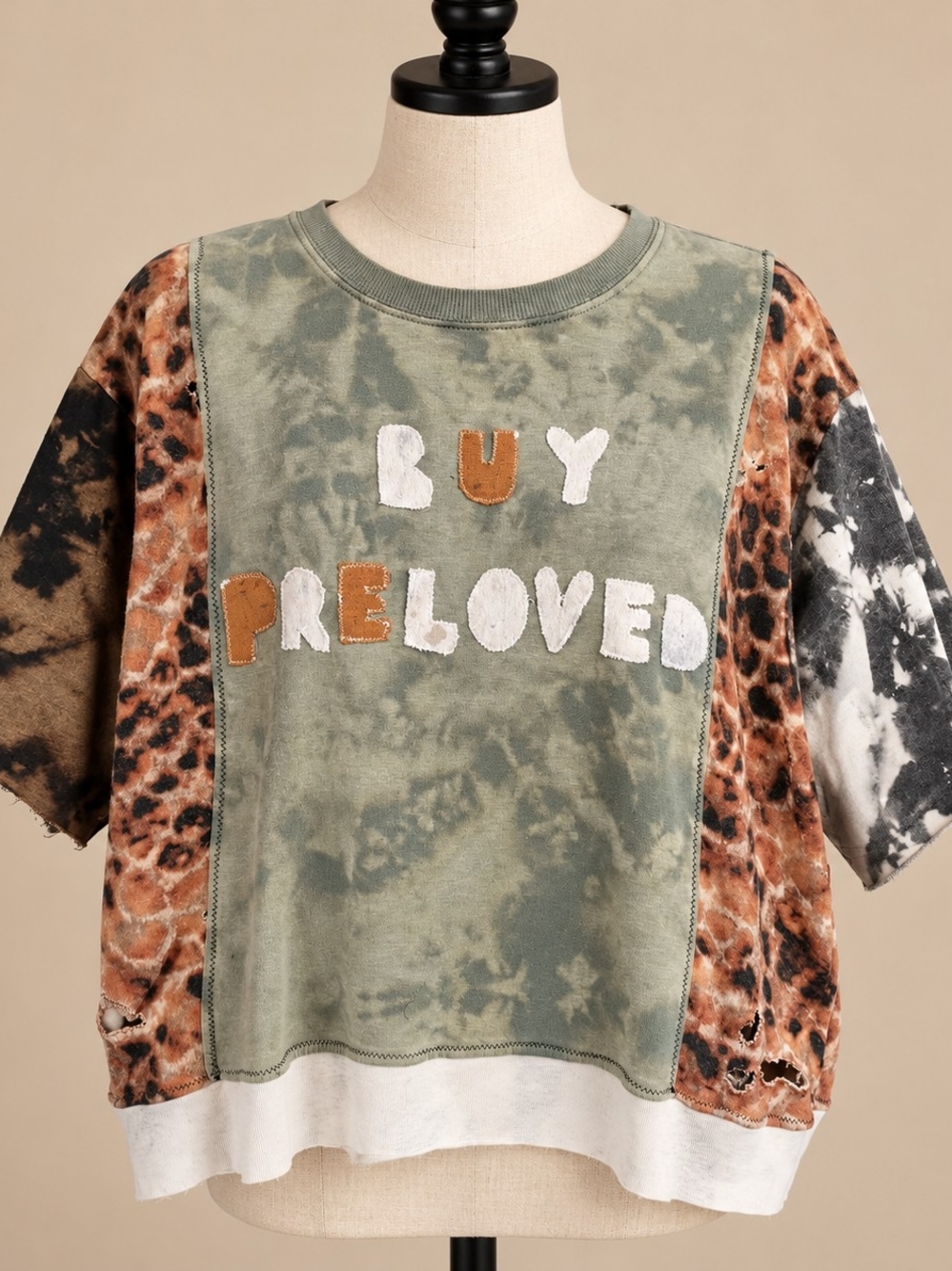 Y2K Buy Preloved Graphic Tee Olive Green Leopard Patchwork Oversized Medium